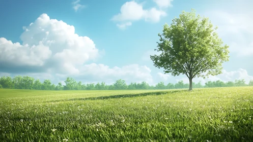 Isolated deciduous tree in sunlit grassy field landscape.