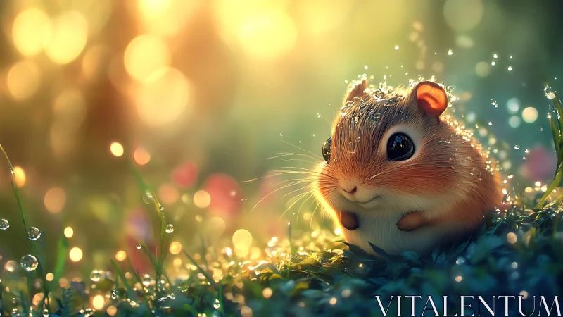 Hamster sits in dewy grass under strong backlit glow