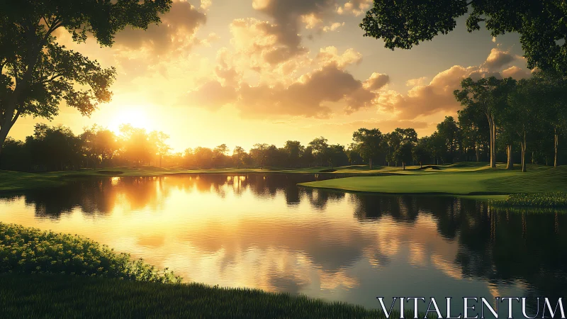 Sunset polishes the quiet lake into molten golfing glass