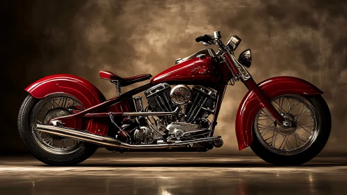 Side profile of red classic motorcycle in studio lighting.