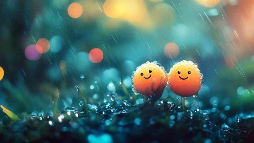 Smiling dewdrop mushrooms glow softly in rainy night garden