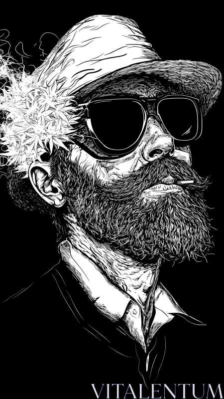 Bearded man in hat and sunglasses rendered in high contrast
