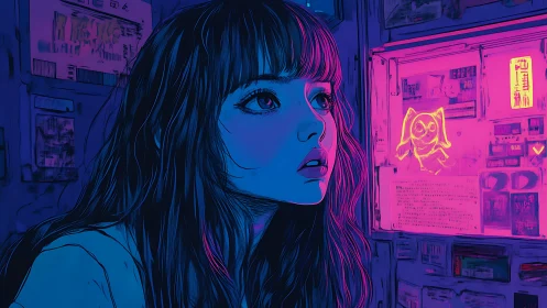 Neon city lights paint a thoughtful girl in glowing color