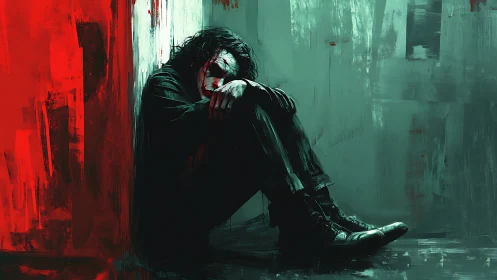 Solitary figure against red and teal abstract walls.