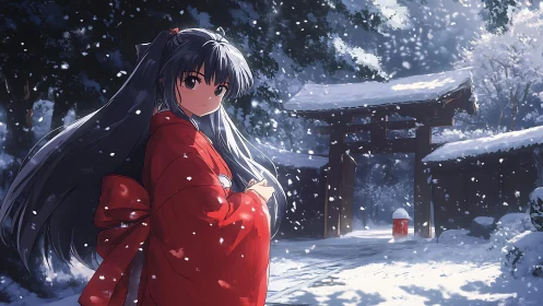 Snow-covered shrine gate with girl in red kimono at dusk.
