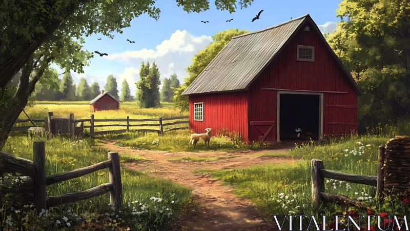 Sunny red barn welcomes a quiet morning on the farm