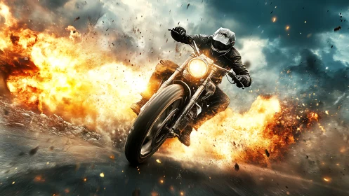 Motorcyclist cuts through fiery explosion in dynamic drift shot.