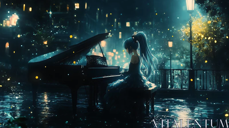 Girl with long blue hair plays piano on wet city balcony