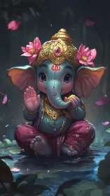 Cute baby elephant deity in ornate gold crown and pink robes.