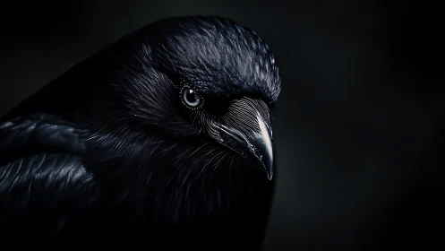 Raven close-up portrait with dramatic low-key lighting.
