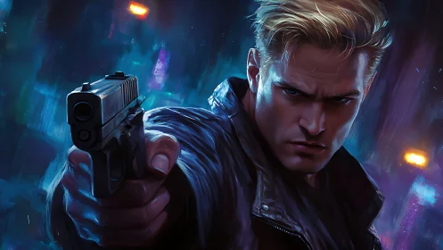 Brooding action hero aims forward in a neon city standoff