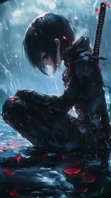 Rain-soaked lone swordsman in reflective sorrowful silence.