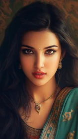 Digital portrait of woman in teal sari with gold jewelry.