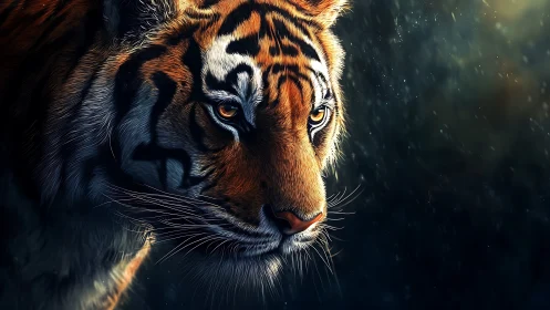 Amber-eyed tiger in quiet rainlit jungle shadows.