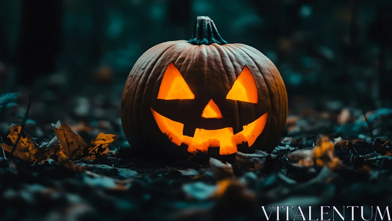 Carved jack o lantern glows on forest floor at dusk.