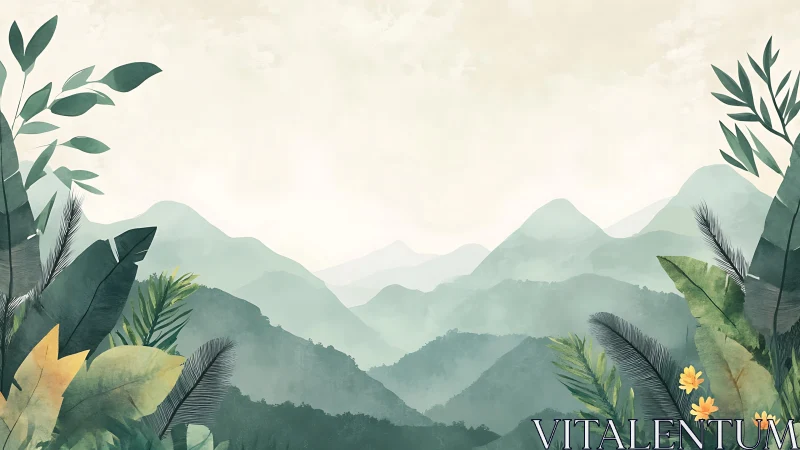 Layered misty mountain landscape rendered in soft watercolor tones