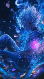 Plasma-veined anime warrior in suspended luminous vortex field.