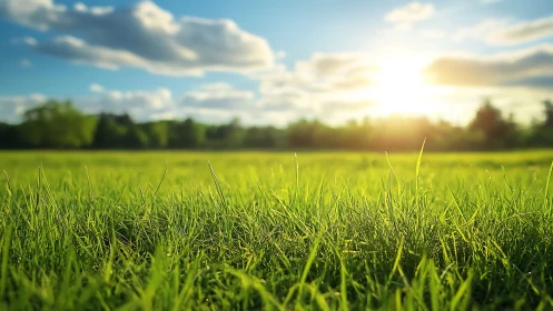 Bright green grass field under low morning sunlight.