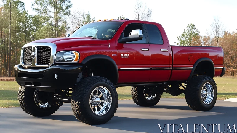 Red lifted Dodge Ram pickup truck on paved driveway outdoors.