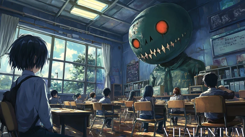 Surreal classroom scene welcomes a colossal eerie teacher