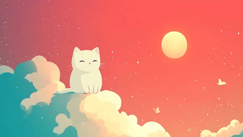 White cat sitting contentedly on clouds under coral sunset sky.