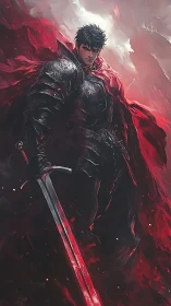Storm-lit dark knight stands firm with a blazing crimson cloak