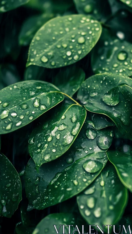 Close-up green leaves with water droplets after rainfall.
