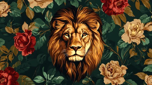 Stylized lion head rendered against dense floral foliage pattern
