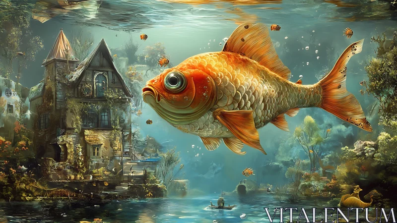 Overscaled goldfish traversing immersive aquatic cottage world.