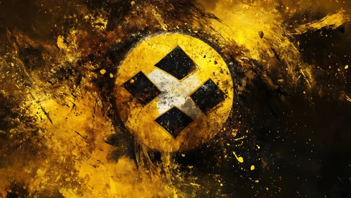 Yellow abstract emblem with diagonal cross in grunge field.