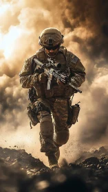 Modern infantry operator advances through dense battlefield smoke