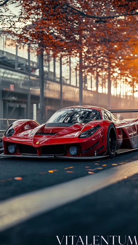 Red hypercar slices autumn street under golden sunset glow.