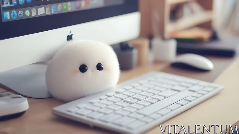 Digital workstation with white plush toy near keyboard.