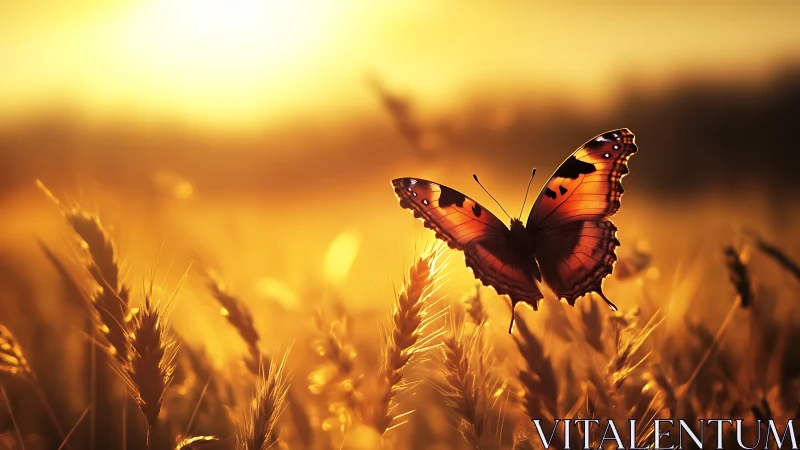 Backlit wheatfield butterfly under golden hour radiance.