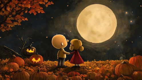 Two figures holding hands under autumn moonlight in pumpkin field