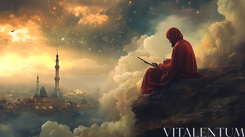 Solitary reader embraces quiet wisdom above a glowing city