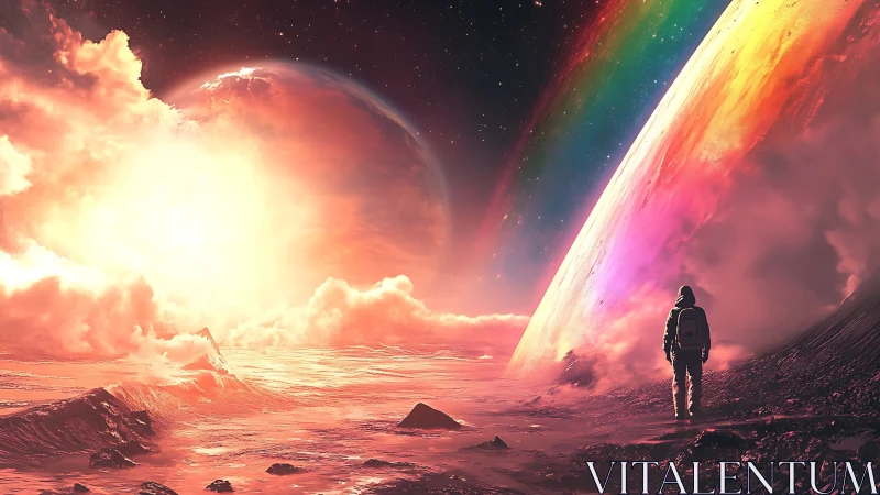 Cosmic wanderer studies a rainbow planet at molten sunrise