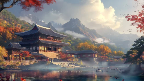 Autumn palace complex rests beside misty mountain lake.