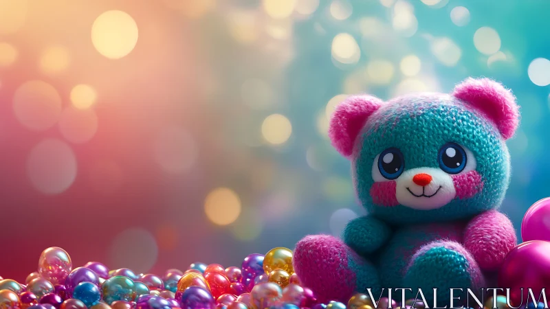 Knitted pastel teddy bear rendered in vibrant bokeh lighting