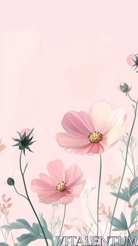 Soft-petaled cosmos flowers with botanical stem structures rendered in gradient watercolor technique