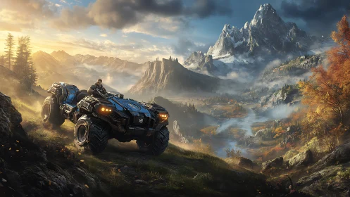 Armored ATV roams a misty mountain valley at sunrise.