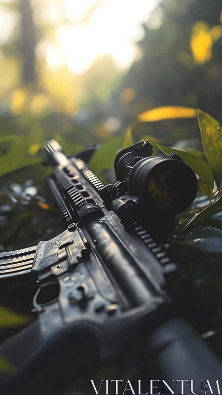 Precision rifle rests in sunlit foliage, evoking tense calm