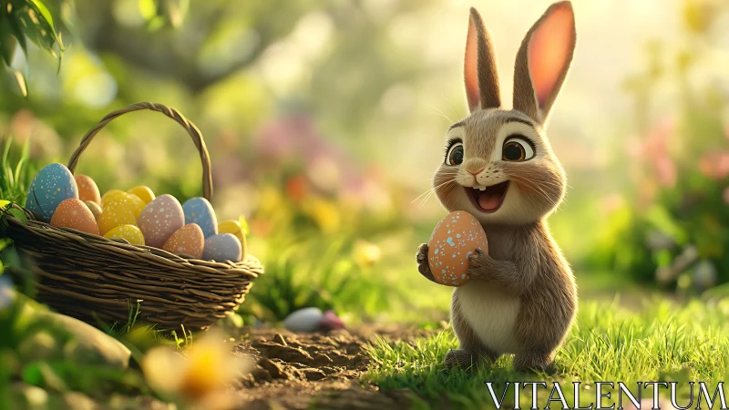 Rendered rabbit holds speckled egg beside basket outdoors