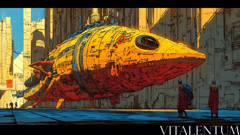 Colossal yellow starship rests quietly in a towering canyon city