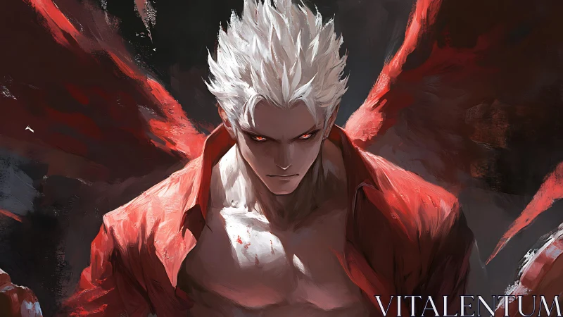 White‑haired demon warrior emerging in crimson fury.