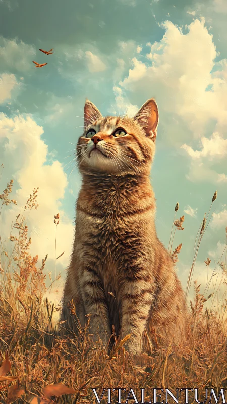 Orange Tabby Cat Gazes Skyward in Golden Meadow.