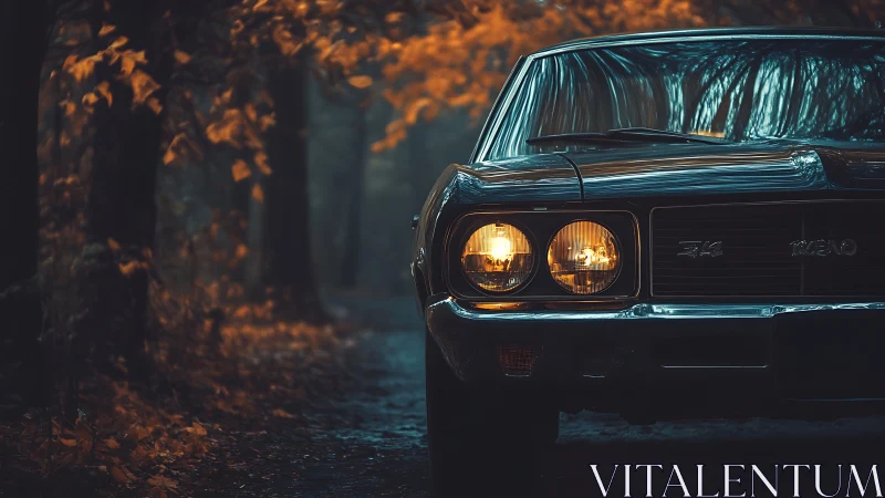 Vintage car front is illuminated on a dim forest road