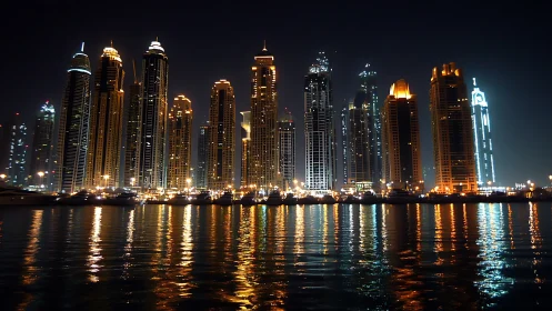 Marina skyline at night with specular high-rise reflections.
