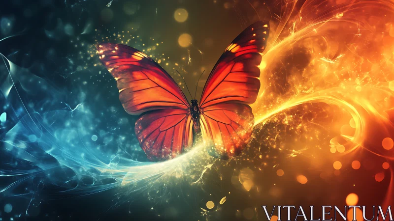 Fiery butterfly glides between swirling blue and gold light.