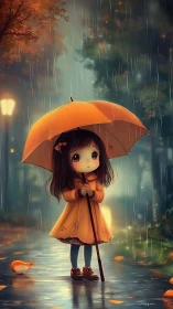 Child holding umbrella on rainy path in autumn evening.